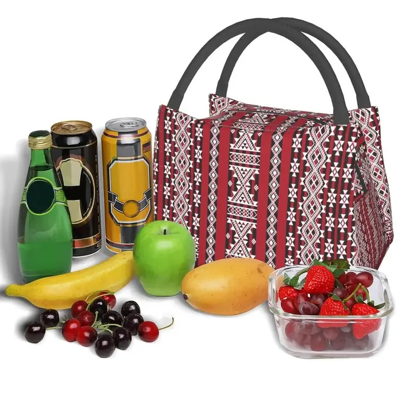 Red Kabyle Carpet Pattern Thermal Insulated Lunch Bag Geometry Geometric Resuable Lunch Tote for Outdoor Picnic Meal Food Box