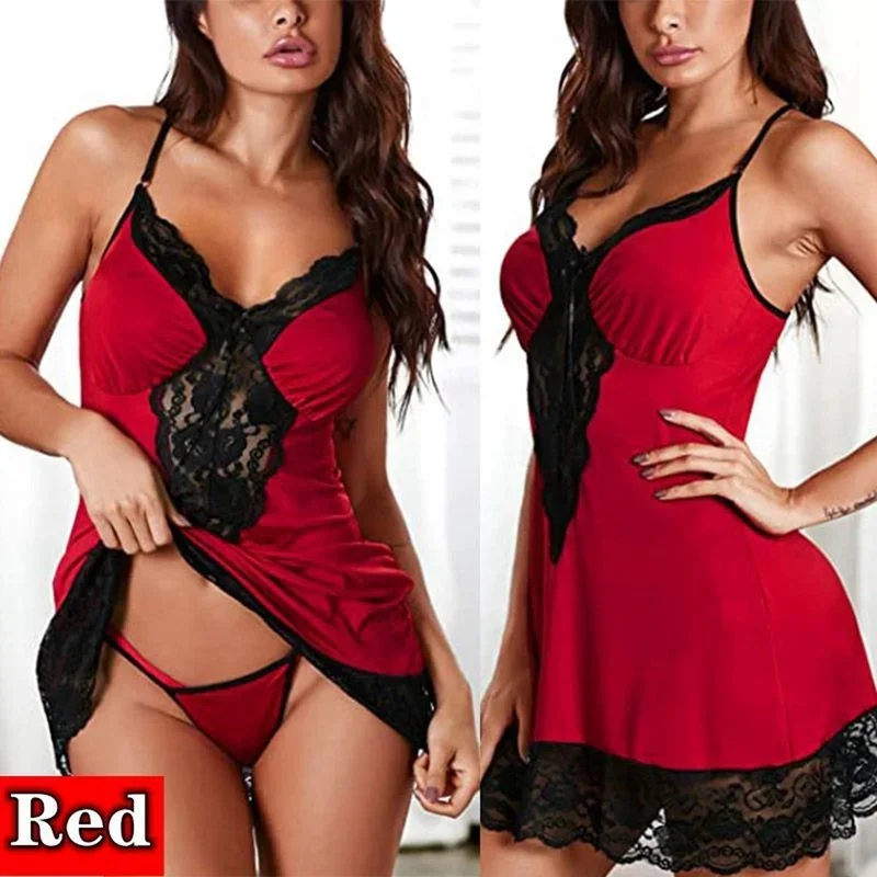 Plus Size Women Nightgown Lace Sleepdress Perspective Sleepwear Deep-V Mini Nightdress Sexy Lingerie for Women