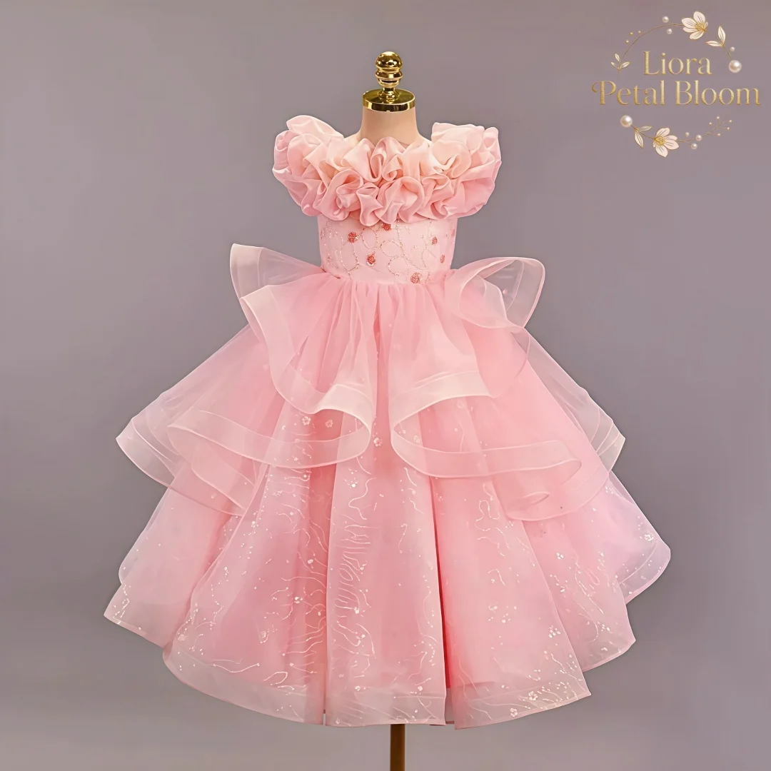 Abito da Principessa Rosa per Bambine, Vestito Lungo Formale, Abito da Damigella, Outfit per Fotografia, Abito in Tulle per Bambine