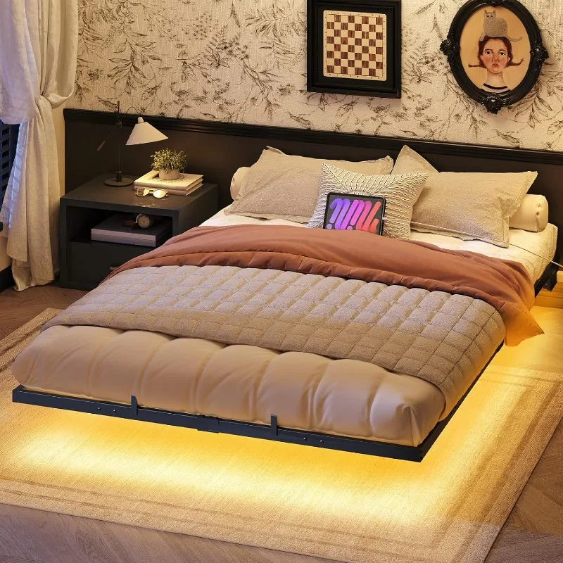 Floating Bed Frame Queen Size, Bed Frame with Charging Station and LED Lights, Industrial Style Metal Platform Queen Bed