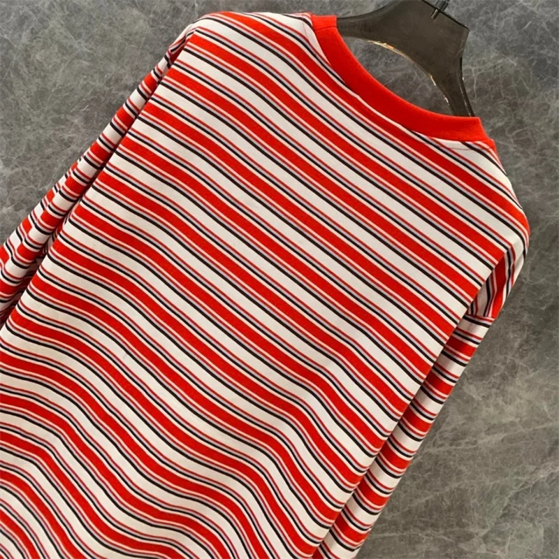 long sleeve T-shirt A930697 Round Neck Stripe red Women embroidery T Shit letter Clothing Summer Streetwear Elegant Knit 2024