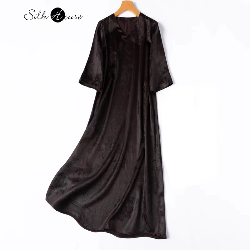 

45MM Heavy 100% Natural Mulberry Silk Fragrant Cloud Yarn Landscape Jacquard V-neck Seven Quarter Sleeve Loose Women's Dress