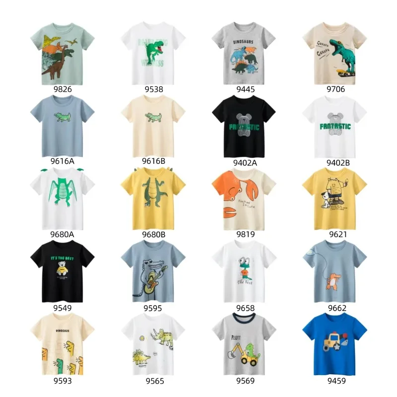 Dropshipping 2025 Summer New Boys Cartoon Dinosaur T-shirt Kids Short Sleeve Cotton T Shirt Children Tops Tees 4PCS/SET