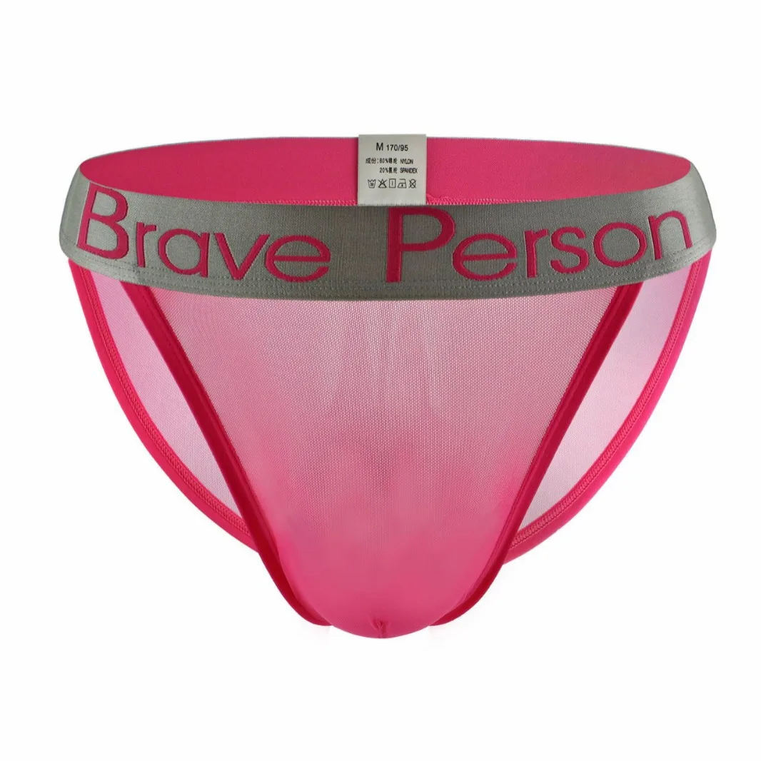 Brave Person Mens Triangle Underwear U Convex Pouch Semi Transparent Briefs Male High Cut Crotch Nylon Sheer Mesh Panties