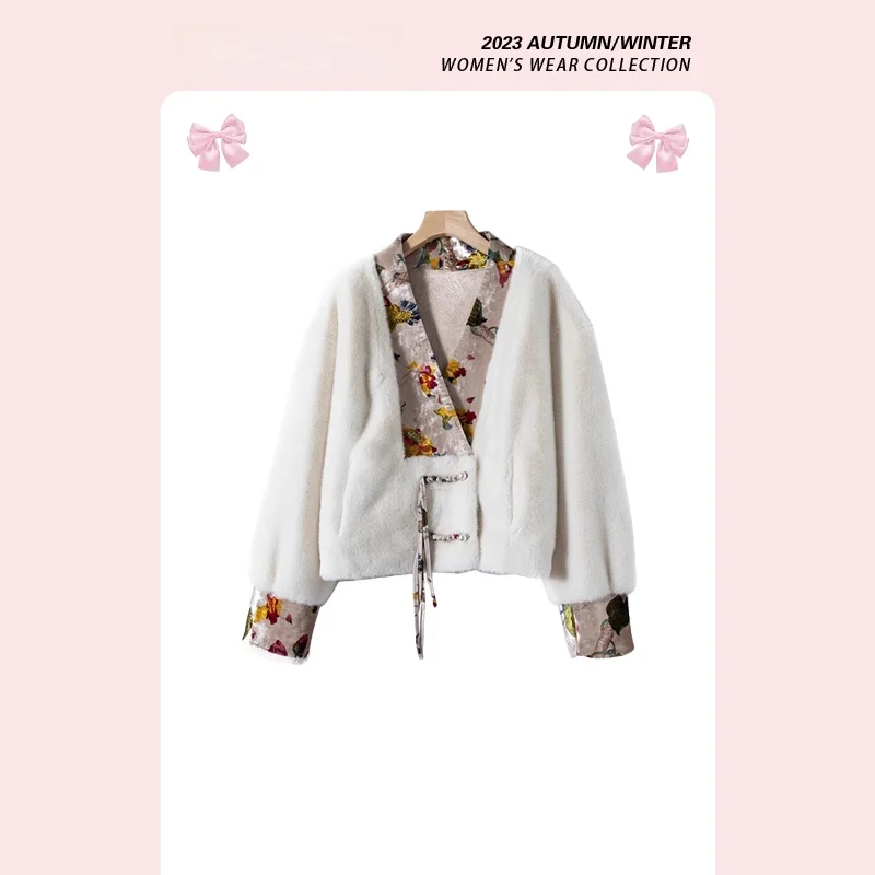 OERALCIS Chinese Sle Gold Mink Velvet Embroidered Patchwork V-ne Silhouette Coat Autumn Winter New Retro Large Coat