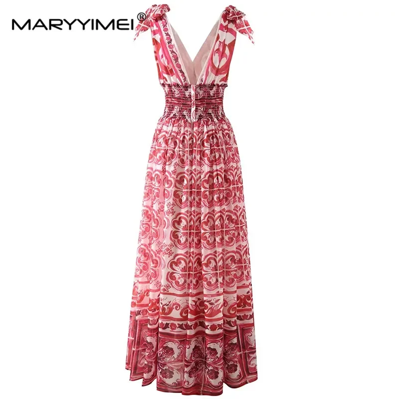 MARYYIMEI Lente Zomer Mode Vintage vrouwen Mouwloze jurk Rood porselein gedrukt Elastische Taille V-hals Grace Lange Jurken