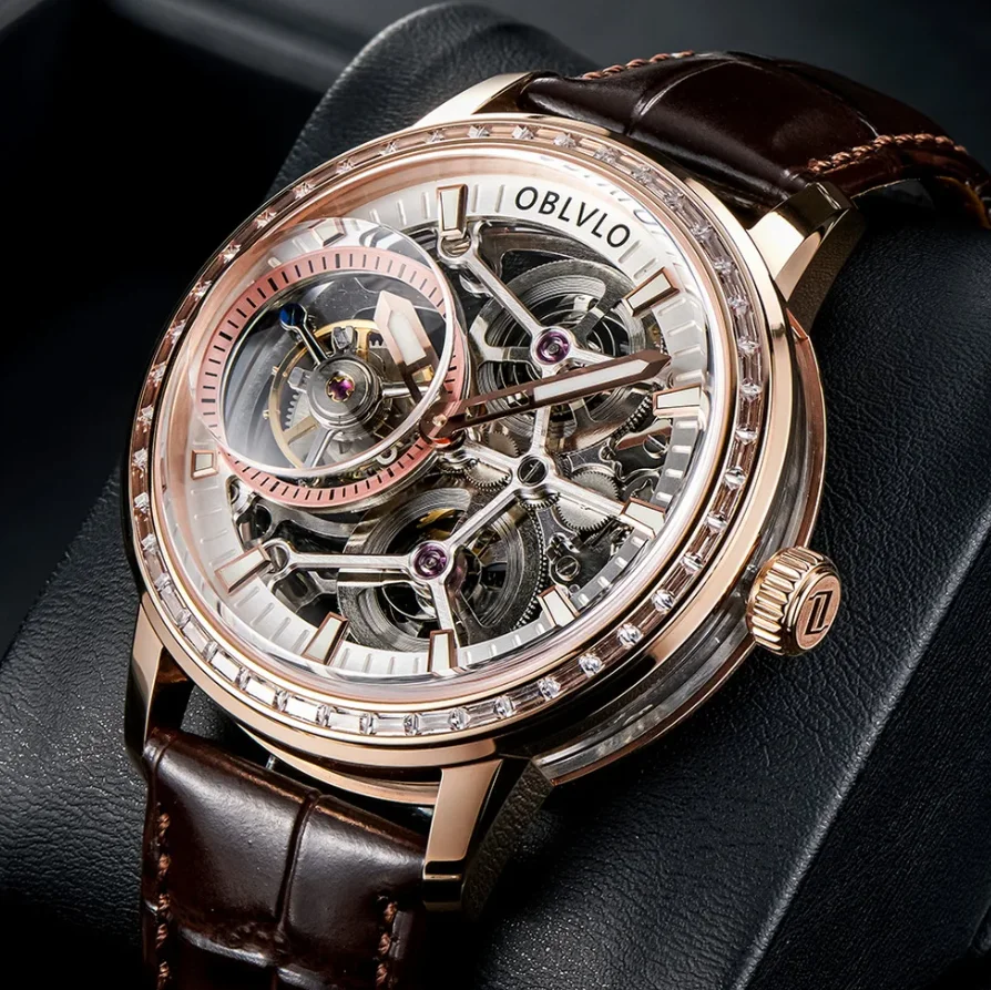 

Мужские часы OBLVLO с турбийоном, 45 мм, механические, с ручным заводом, водонепроницаемые до 50 м, сапфировое стекло, скелетонизированный циферблат, застежка-бабочка