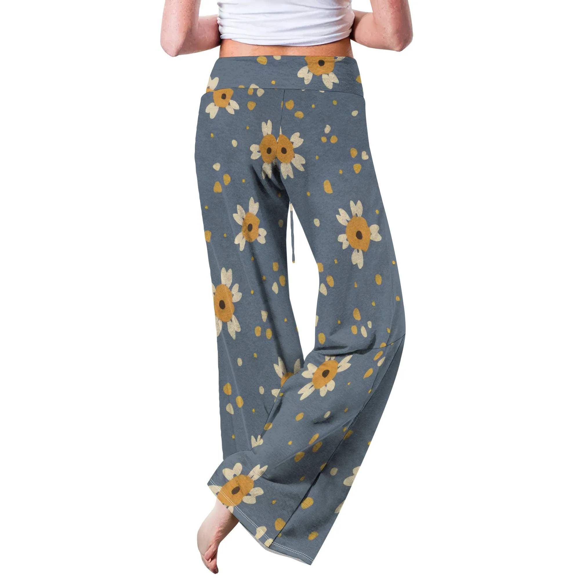 بنطال نسائي مريح قابل للتمدد وطبعة زهور برباط بالازو بأرجل واسعة