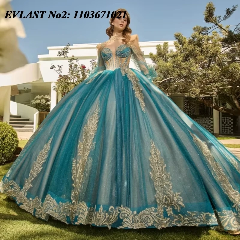 

EVLAST блестящее синее платье Quinceanera по индивидуальному заказу, бальное платье с золотой кружевной аппликацией, накидка с бисером, милое платье 16, Vestidos De 15 Anos E2Q14