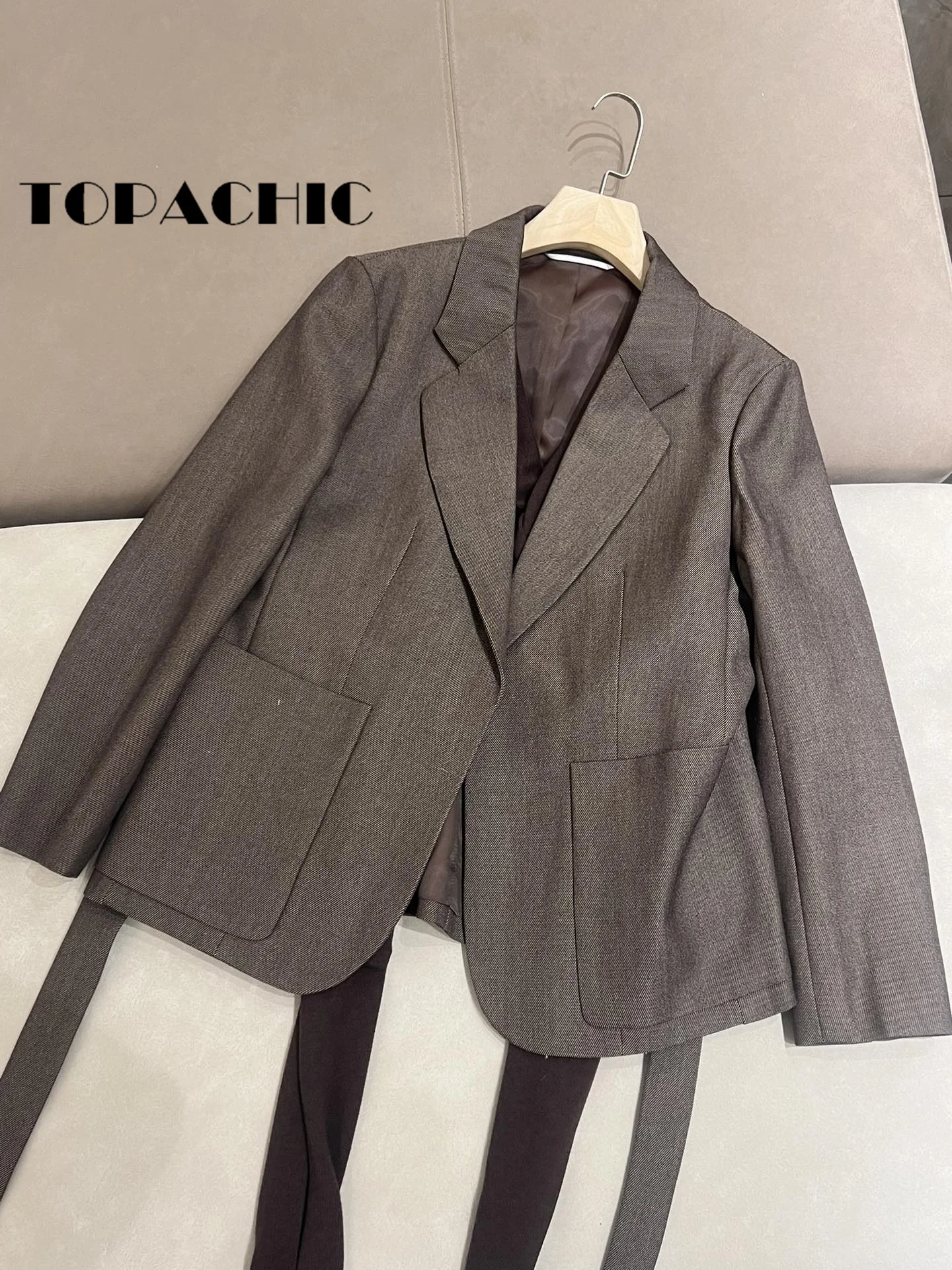 8.23 TOPACHIC-Women High Quality Wool Knit Scarf Decoration Blazer Lapel With Sashes Big Pocket Loose Jacket