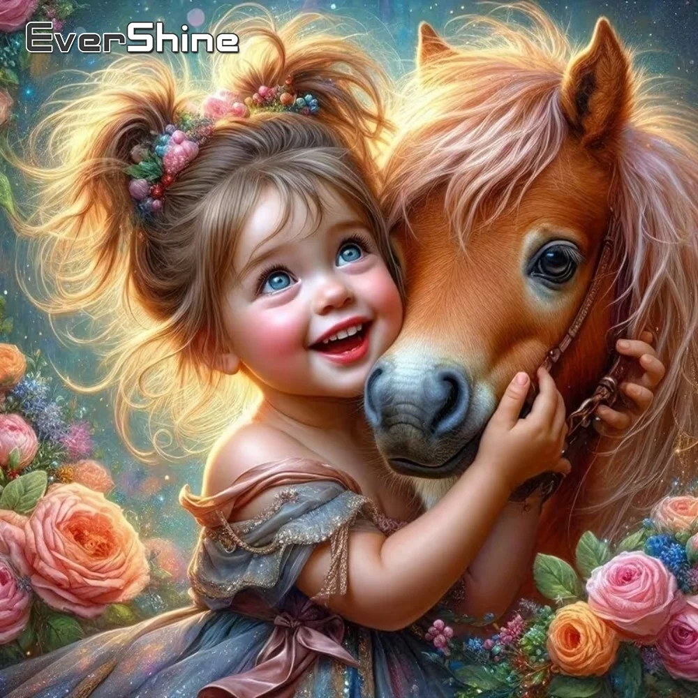 EverShine 5D DIY Diamond Mosaic Horse Animal Painting Girl N