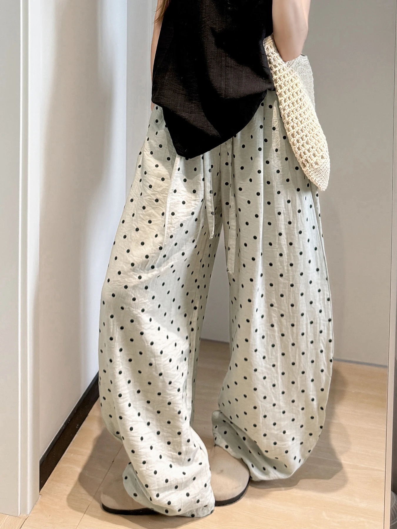 Pantaloni a gamba larga in lino a pois per l'estate da donna, pantaloni Yamamoto sottili a vita alta stile ampio e rilassato, casual dritto-l