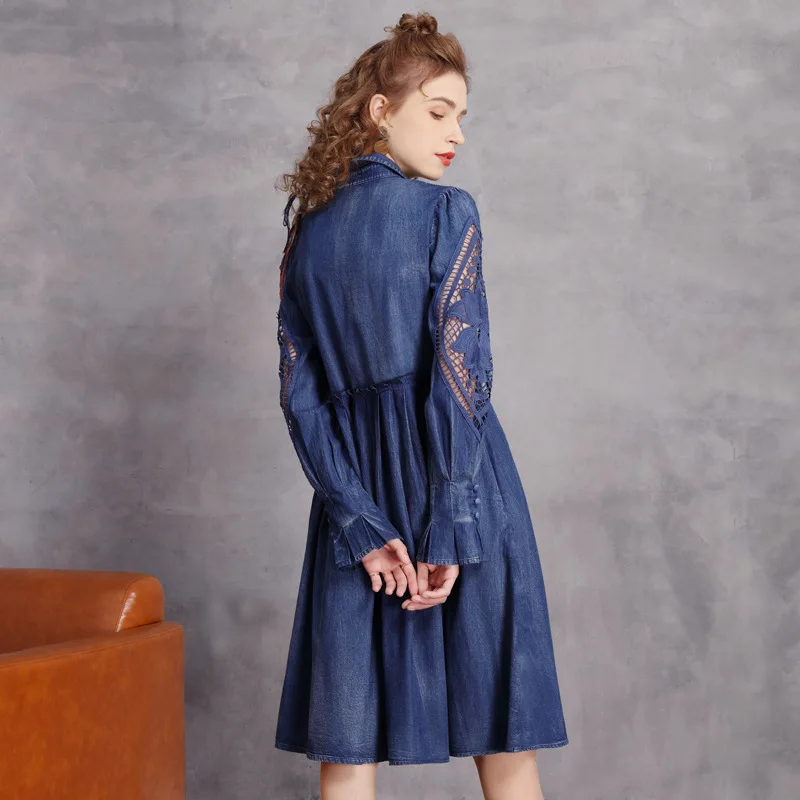 #2747 Spring Summer Denim Shirts Dress Women Hollow Out Long Sleeve Loose Vintage Split Joint Pleated Jeans Dress Button Front 