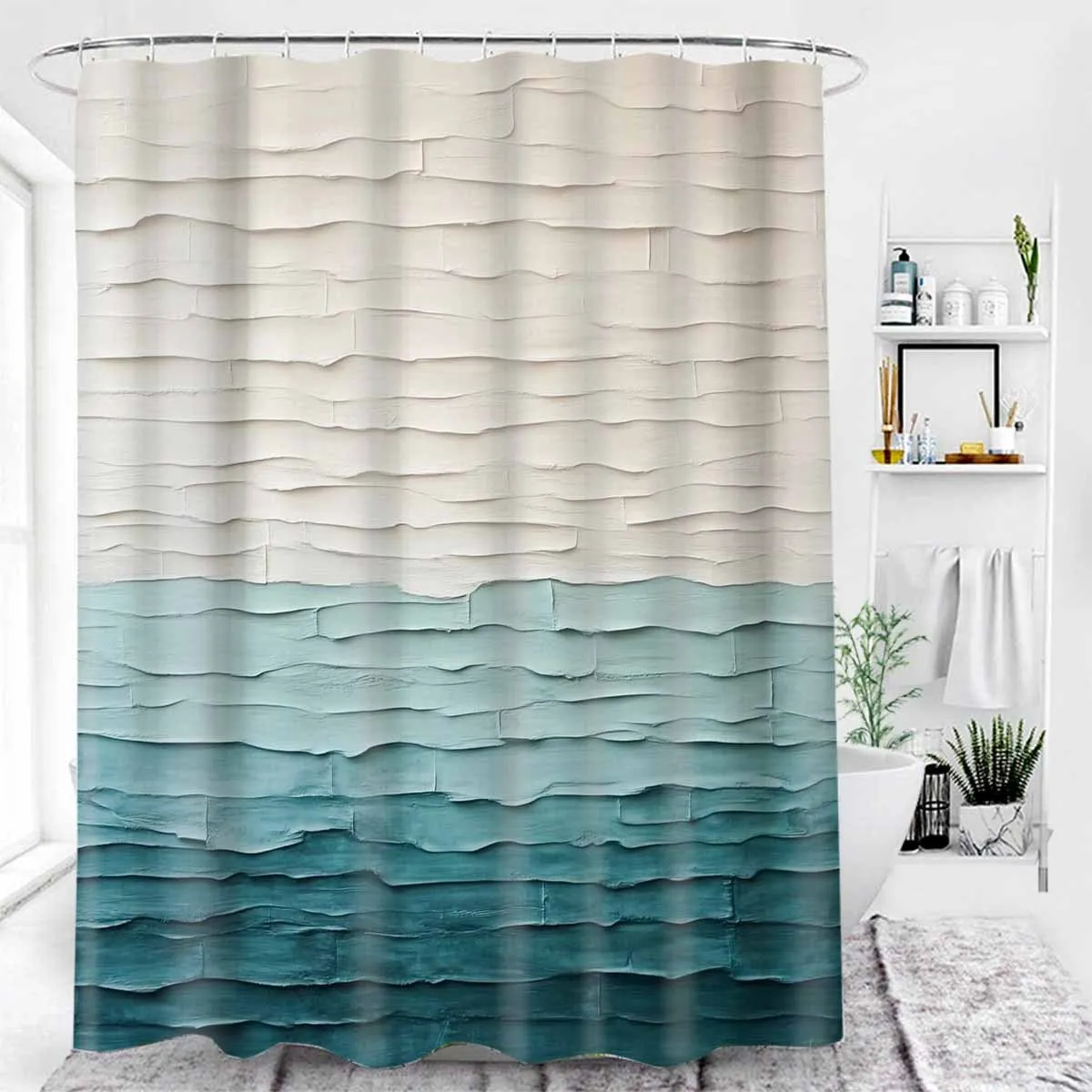 A Modern Ombre Shower Curtain: Elevate Your Bathroom with This Stunning Design Featuring a Gradient of Soft Beige to Deep Teal