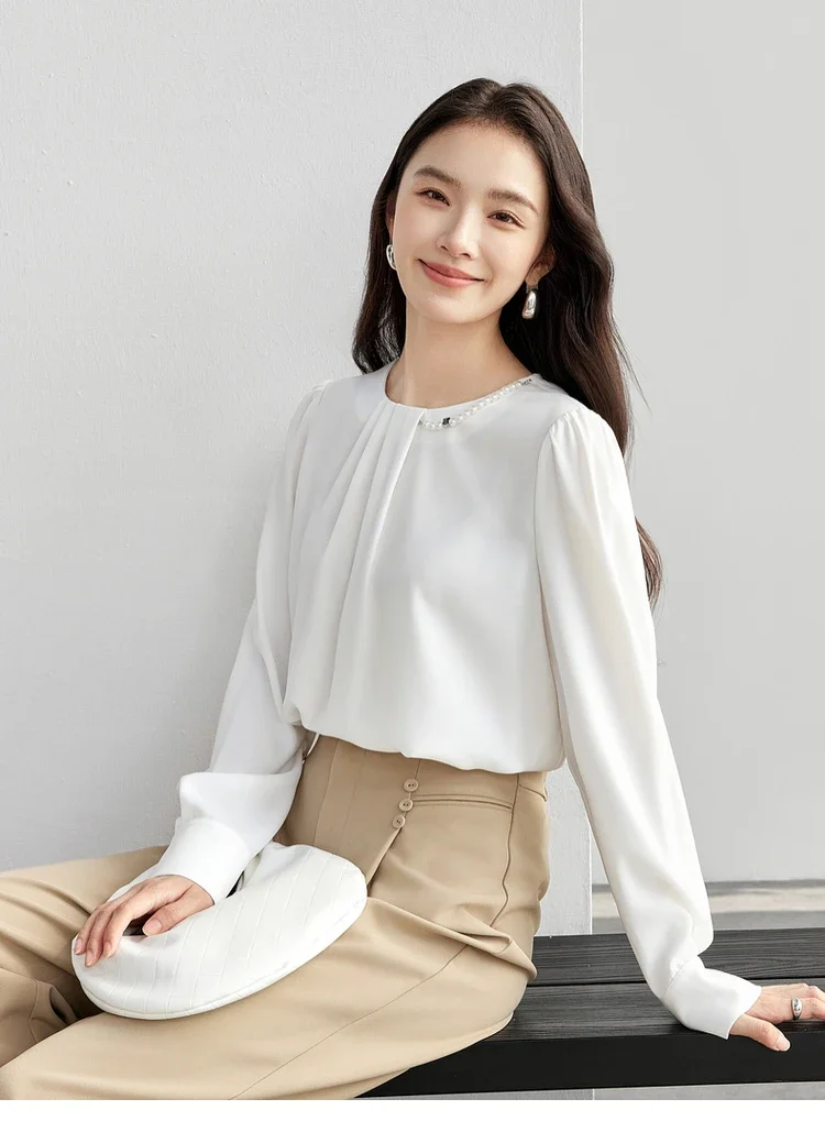 SENTUBILA Spring Vintage Blouse for Women 2025 Spring Straight Pearl Chain Puff Sleeve O Neck Elegant Folds Shirts 151V57963