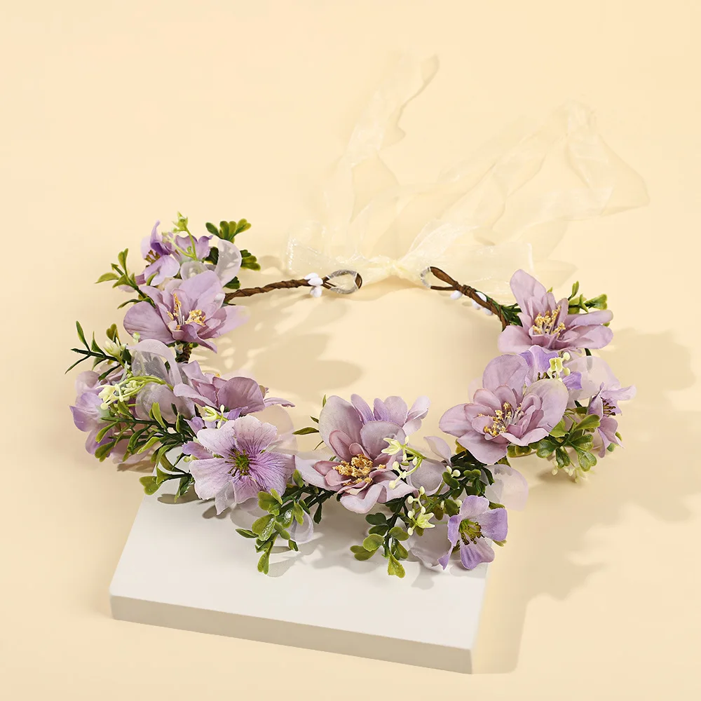 

Light Purple Floral Headbands Boho Style Summer Beach Headdress Bride Wedding Flower Crown Ribbon Headwear Women Beach Hairbands