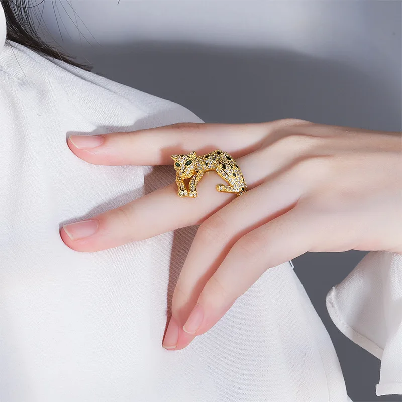 New Jewelry S925 Silver Plated 18K Gold European Full Diamond Luxury Gold-Inlaid Leopard Print Adjustable Women's Ring