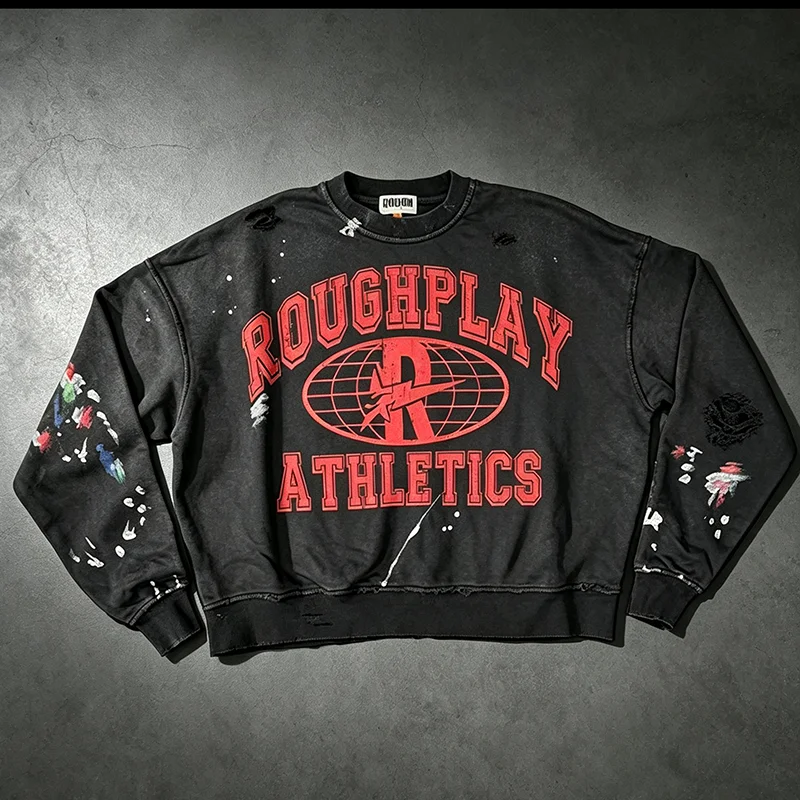 Rough Play Graphic Crew Neck Sweatshirt Multi Paint Splatter Distressed Street Pullover