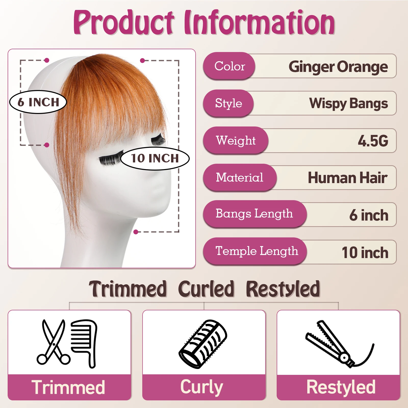 Clip in Bangs Hair Pieces 100% Human Hair Extensions Orange Colorful Air Bangs with Temples for Women Cosplay Party Use 6 Inch