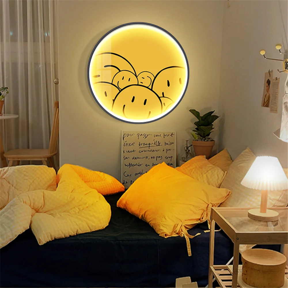 Nordic Cartoon Smiling Face Mural Fresco Led Wall Lamp With Plug Wire For House Living Room Corridor Bedroom Kids Sconce Lights