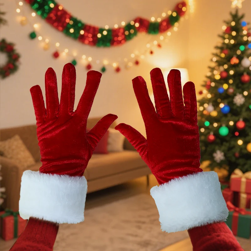 Samtige Handschuhe mit Federbesatz für Damen, Winter warm, kältebeständig, Cosplay, Tanzparty-Kostüm, Weihnachten, leuchtendes Rot