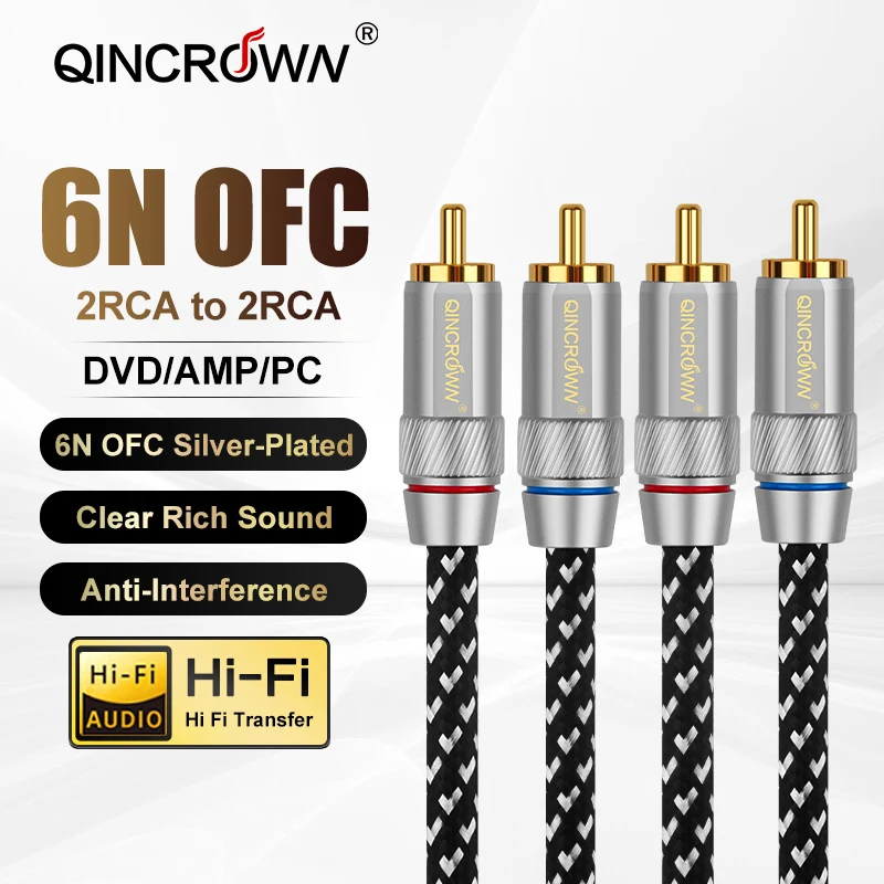 QINCROWN 6N Silver-Plated OFC 2RCA Interconnect Cable Pair, HiFi Audiophile Audio Cord for Amp DAC Home Stereo System