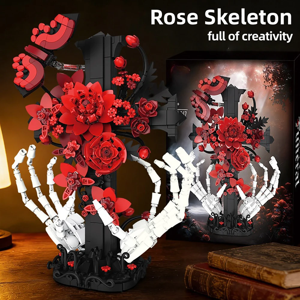 Halloween Gothic Rose Skull Cross Flower Building Blocks Vintage Floral Model DIY Assembly Kit Creepy Gift for Dark Decor Lovers