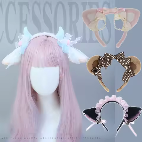 Vintage Lolita Sheep Ears Gradient Headband Cosplay Anime Pearl Cat Hairband Kawaii Bow Bear Hair Accessories Stuffed Headwear