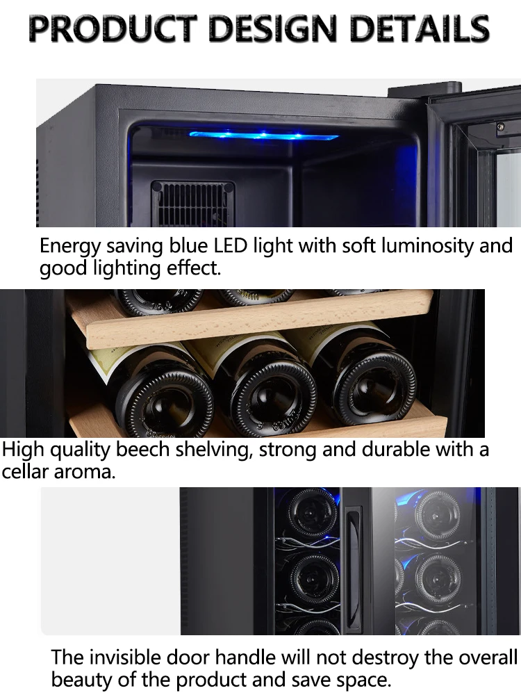 Lemari Pendingin Anggur Mini dengan Rak Kayu Beech, Pendingin Anggur dengan Sistem Pendingin Udara