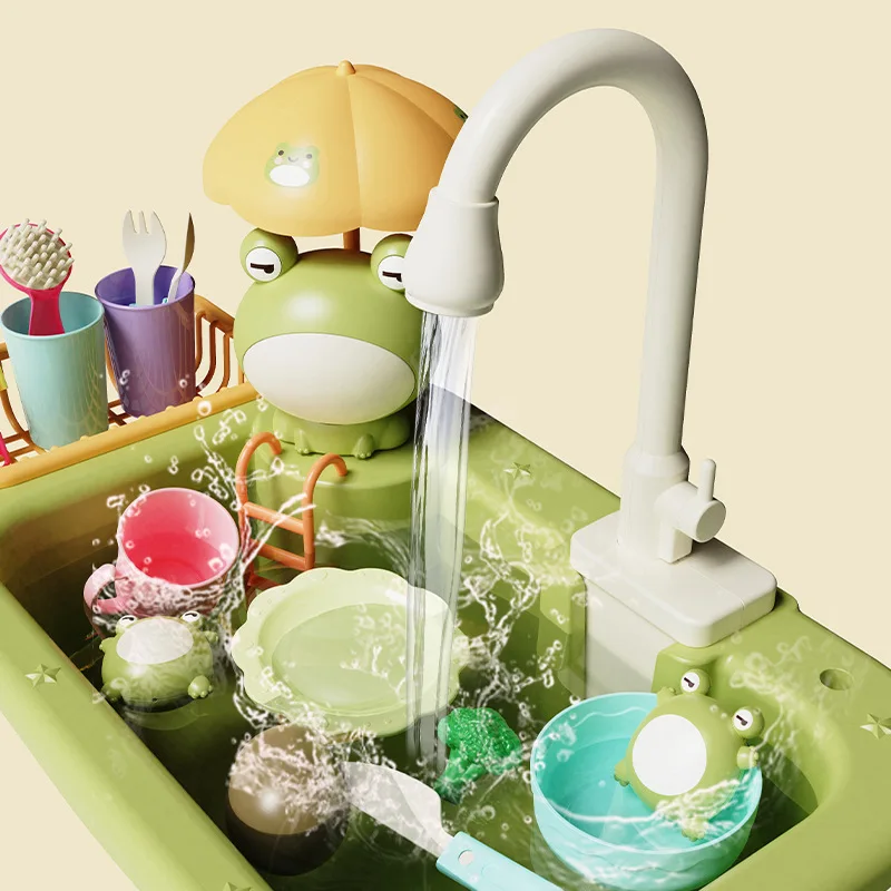 เด็กเครื่องล้างจานไฟฟ้าของเล่นน้ําOutletโต๊ะสระว่ายน้ําหญิงจําลองเครื่องครัวเด็กทําอาหารHouseกบ