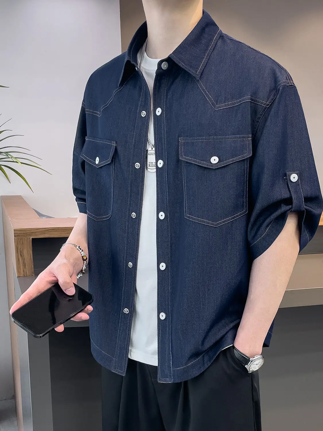 

Summer Men's Denim Sle ort Sve Casual Loose Fit Lightweight Faionable Outdoor Jaet Polyester Fiber Regular Sve