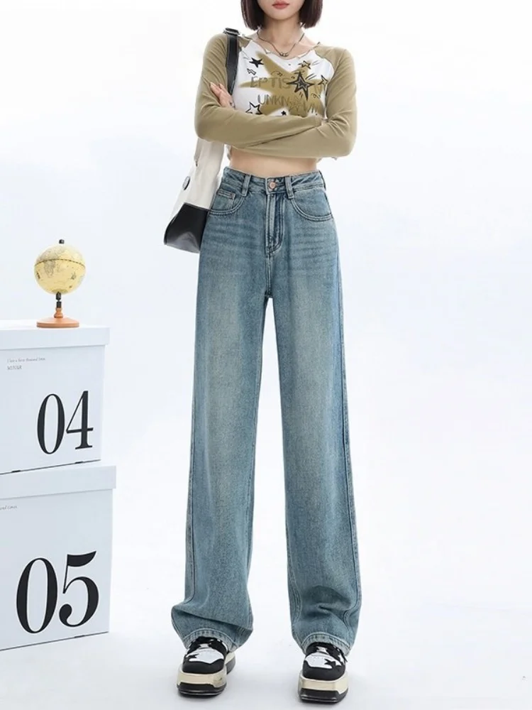 Plus Size Damen FCE-gefütterte, dünne Jeans mit weitem Bein, hohe Taille, gerade geschnittene Hose, Freizeitkleidung, Herbst und Winter, Faion