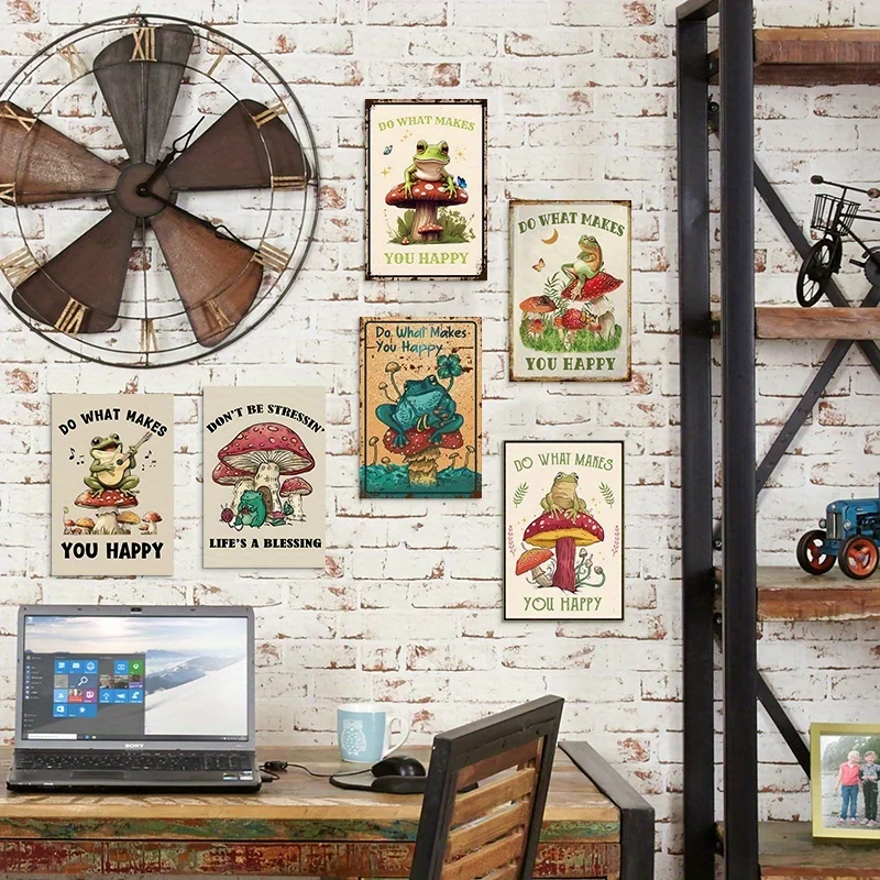 20.32x30.48 cm 6pcs Fun Frog and Mushroom Slogan Tin Wall Decor, Vintage 