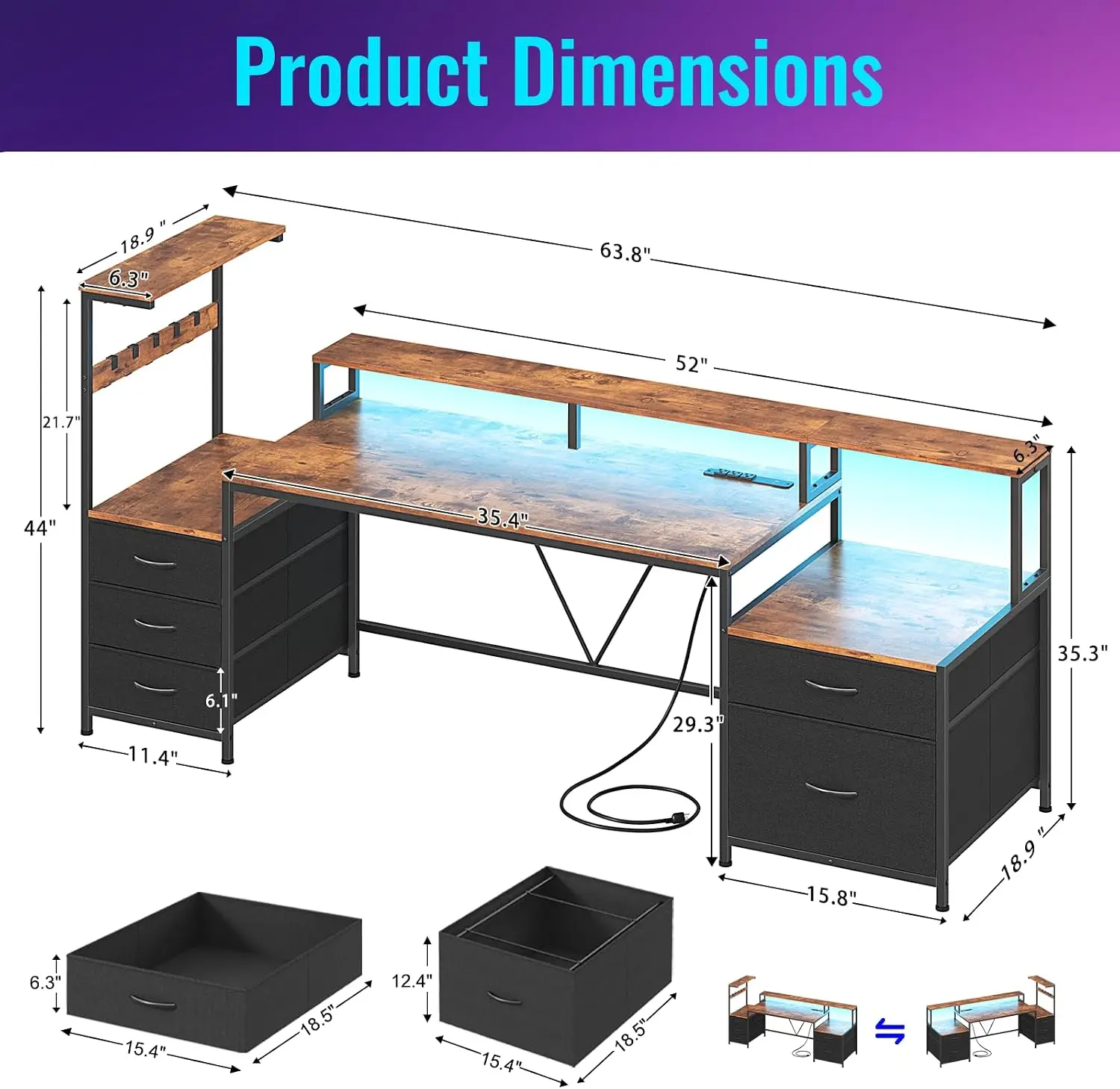 Gaming Desk 63 Inch Drawers Storage Shelves Printer Stand