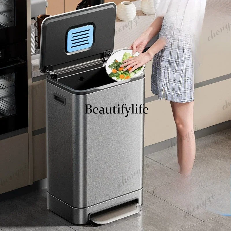 Kitchen trash can Large capacity household light luxury high grade with cover foot step commercial stainless steel