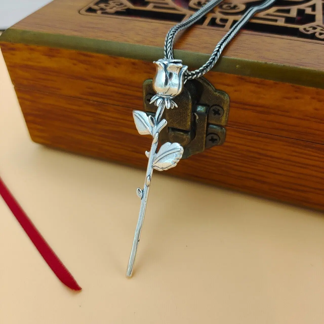 Real 925 Sterling Silver Rose Lovely Pendant 60mm H