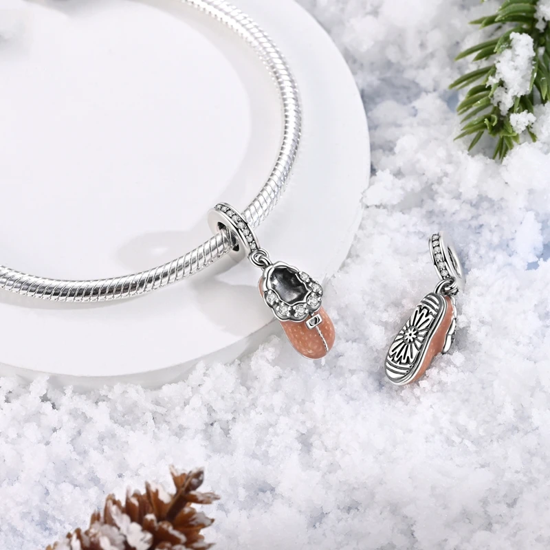 925 Sterling Silver Plush Slipper Charms Bead CZ Zirconium Dangle Fit Original Bracelet DIY Women Jewelry Gift