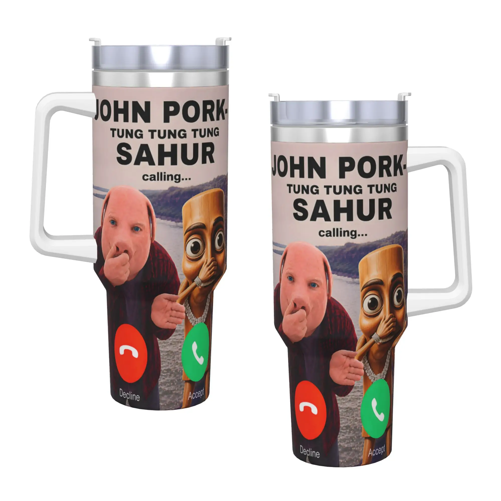 John Pork Tung Tung Tung Sahur Answer Calling Stainless Steel Tumbler  Travel Mugs Cup Thermal Cups Leakproof Tea Water Bottle