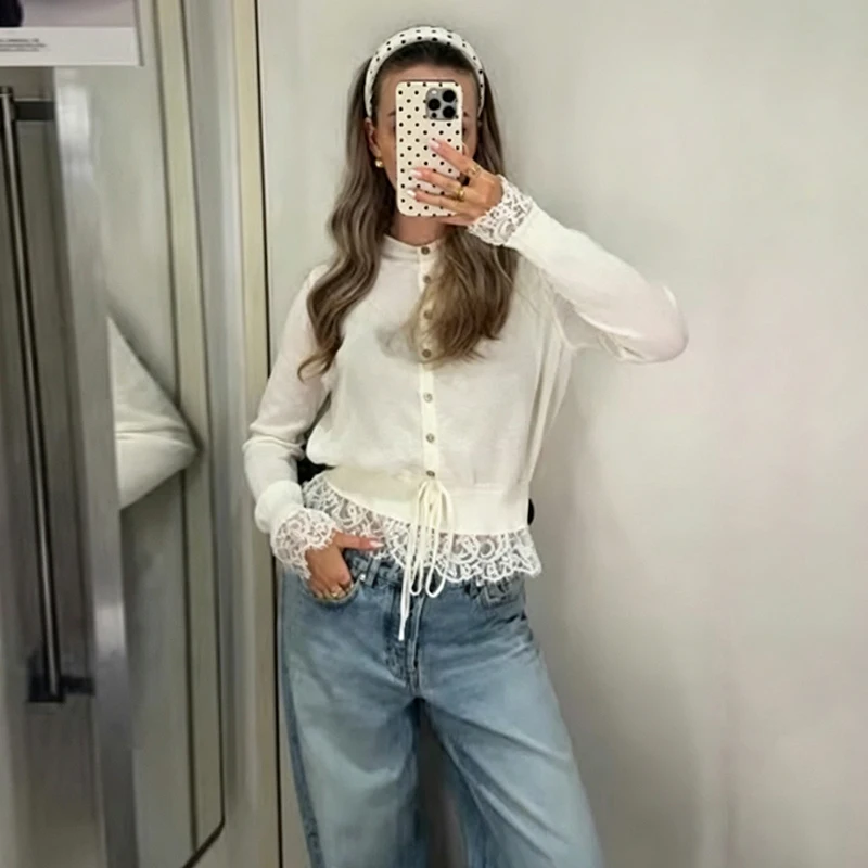 Women Lace Trim Knit Cardigan  Pearl Button Drawstring Waist Cropped Lightweight Knitwear 2026 New Casual Ladies Knitted Top