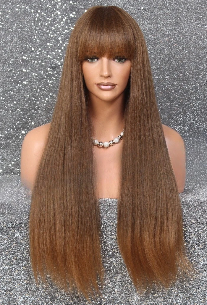 

смесь волос Полный парик Текстурированный прямой коричневый смешанный Heat OK Bangs WEMG 4/27