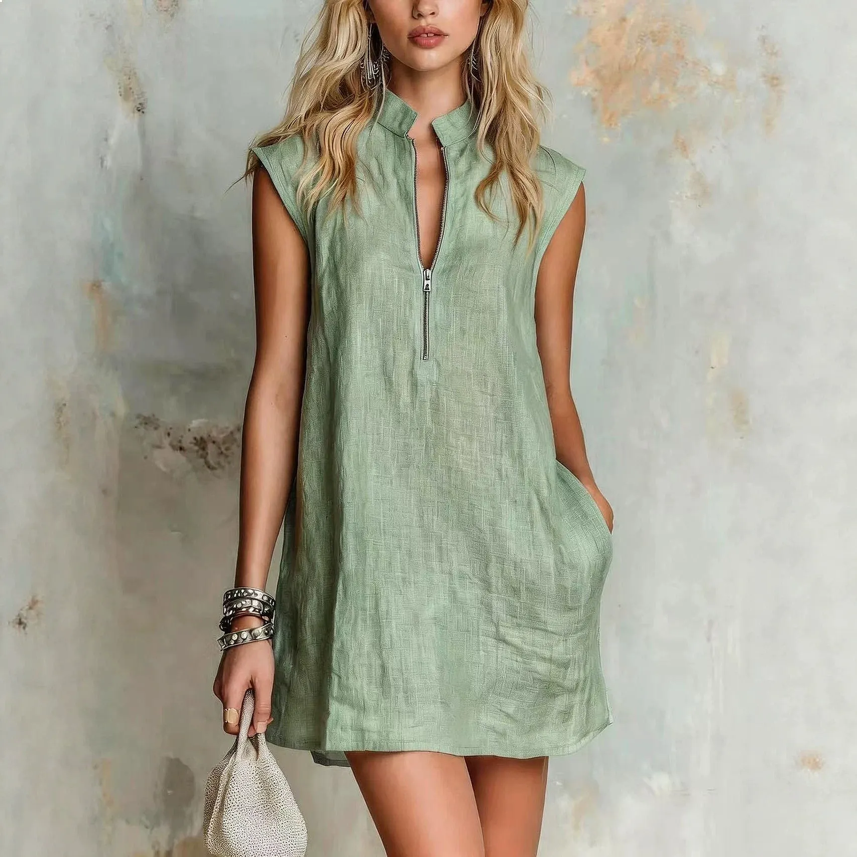 Pure Color V Neck Sleeveless Linen Cotton Dress Summer Spring Casual Vacation Dresses Matching Set