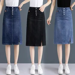 Chubby High Waist Female Jeans Skirts Blue Women's Denim Skirt with Pocket Midi To Knees Length 2025 Trend New in Y2k Vintage V