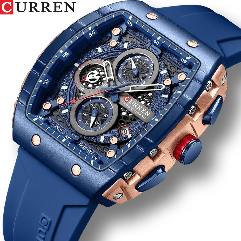 

Curren New Men Quartz Watch Cool Sport Waterproof Chronograph Wristwatch Silicone Strap Barrel Dial Fashion Watches For Man