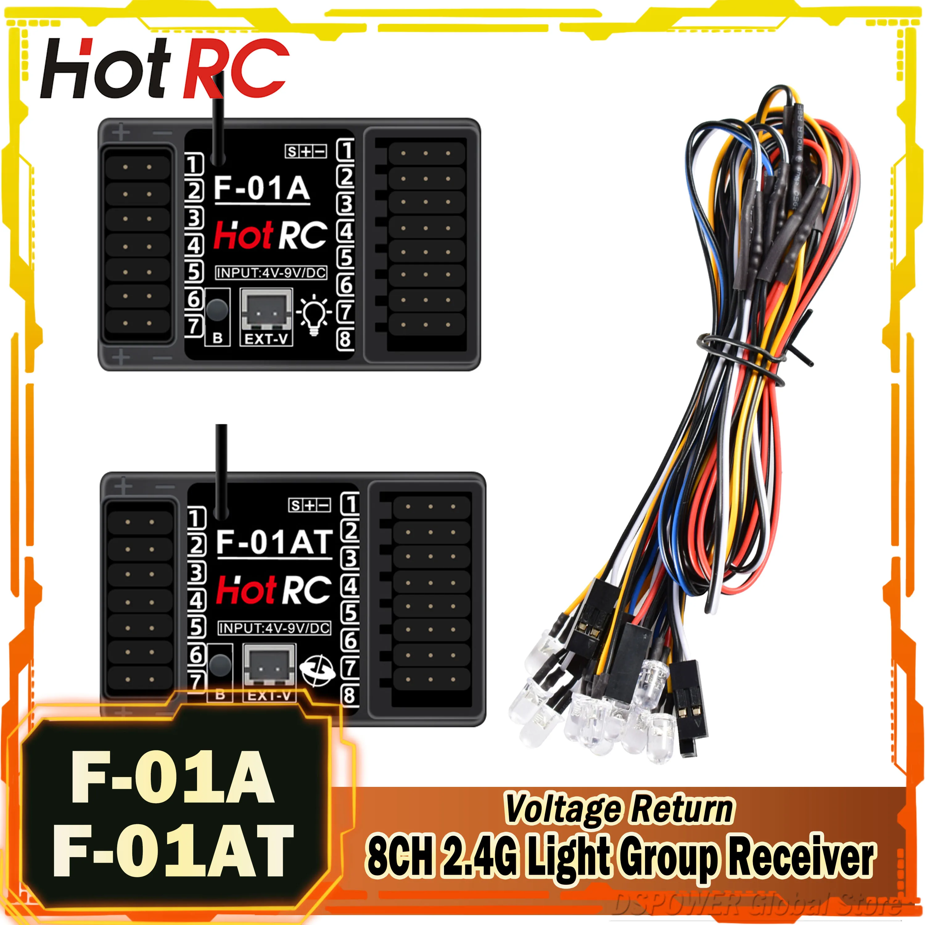 HotRC F-01A F-01AT 8CH 2.4G giroscopio ricevitore lampada controllo tensione ritorno PWM 12LED lampada luce per RC Car Aircraft Tank Boat Model