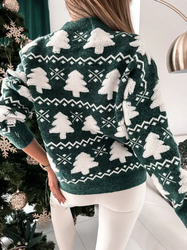 Fashion Christmas Sweater Autumn Winter New O-neck Long Sleeve Flocked Christmas Tree Knitted Pullover Loose Casual Warm Top