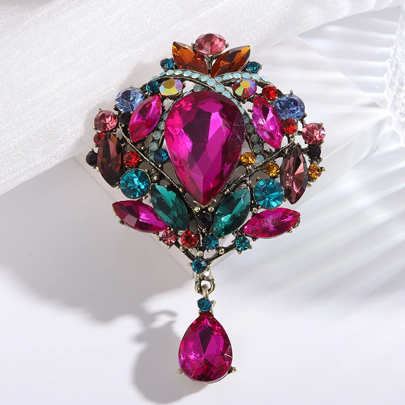 Dmari Women Brooch Multicolor Water-Droplets Lapel Pins Large Rhinestone Badge Gorgeous Wedding&Party Accessories Luxury Jewelry