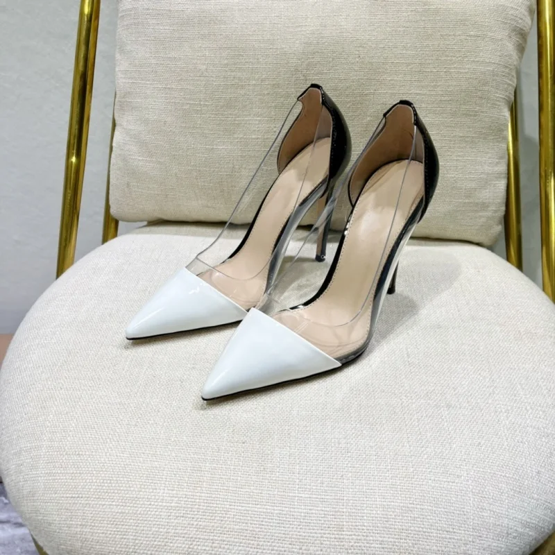 

New style patchwork transparent single shoes, fashionable and stunning, sexy pointed toe thin heel high heels for women