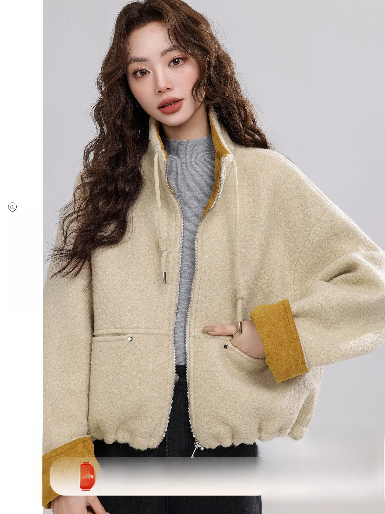 

Женское зимнее пальто Fengng Staed Building свободного кроя в корейском стиле, с длинными рукавами, воротником-стойкой, цветными блоками, шерстяное