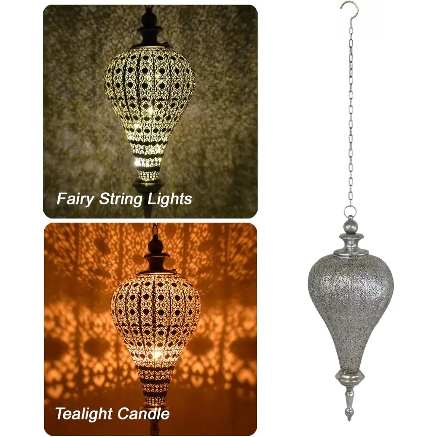 2er-Set antike silberne orientalische marokkanische Ramadan-Laterne, Metall-Hänge-Pendelleuchten, Kerzenlaternen, Lampen, dekoratives Dekor für