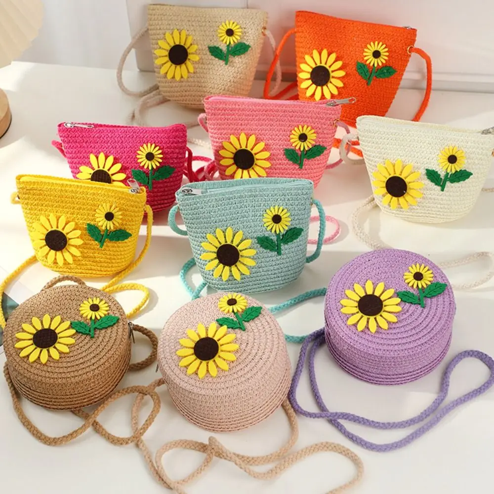 New Straw Crossbody Bag Flower Small Coin Purse Shoulder Bag Kids Girls